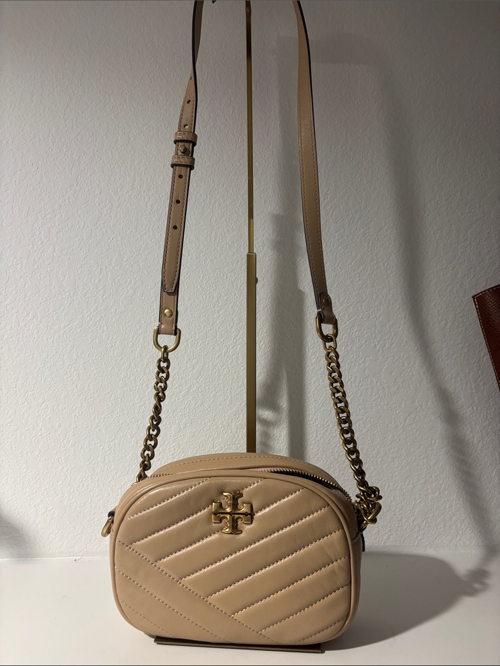 Tory Burch Beige Quilted Leather Chain Strap Crossbody